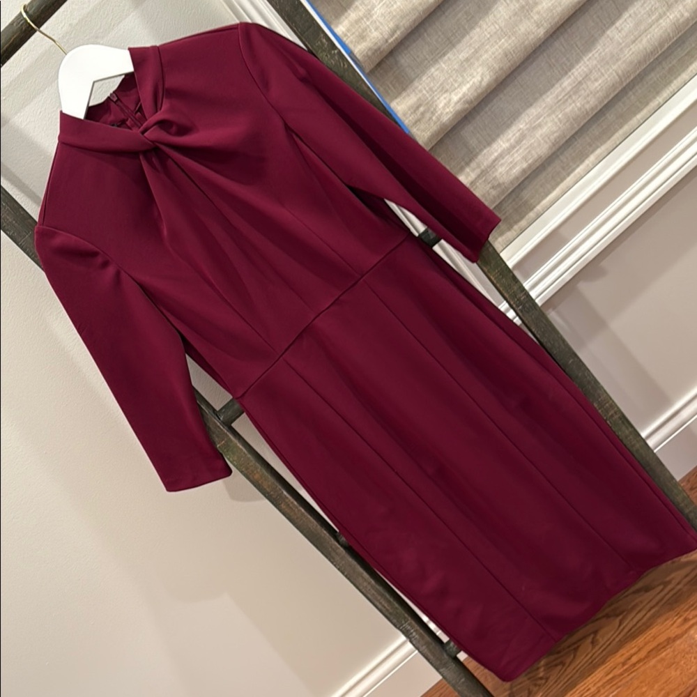 Donna Morgan Red Sheath Dress with 3/4 Sleeves and Mock Neck